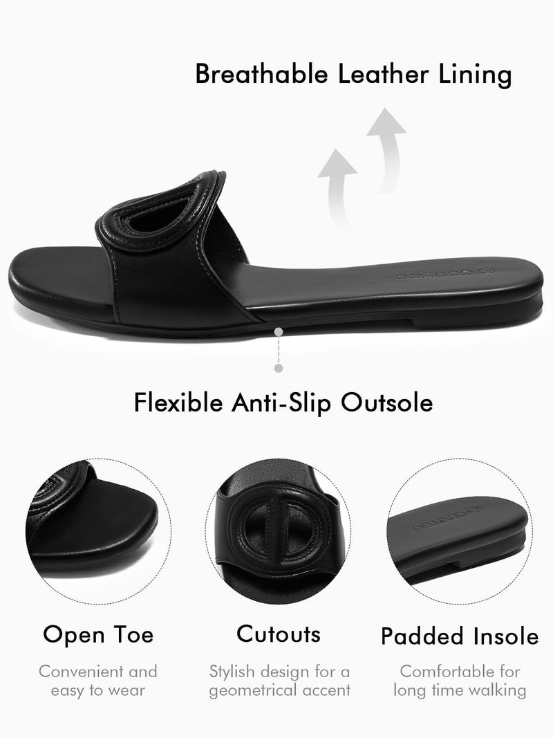 Coutgo Womens Dressy Flat Sandals Open Toe Slip on Leather Summer Beach Slide Sandals, Black, Size 7.5 - Image 4