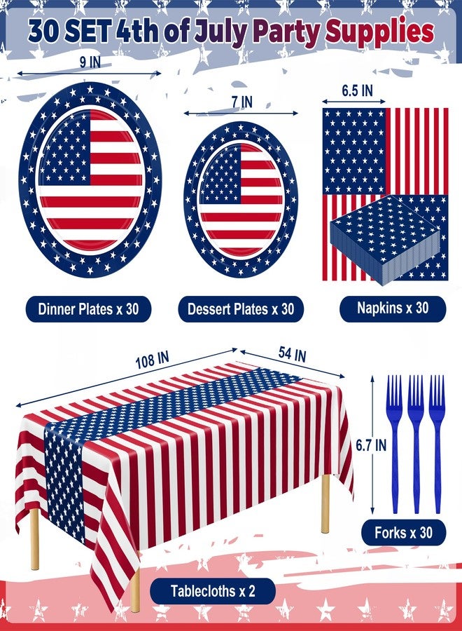 QZYL 122 PCS 4th of July Decorations, 30 Sets 250th Anniversary Patriotic Plates and Napkins, Disposable Fourth of July Paper Plate and Napkin Tablecloth Forks, USA Flags Memorial Day Party Supplies - Image 2