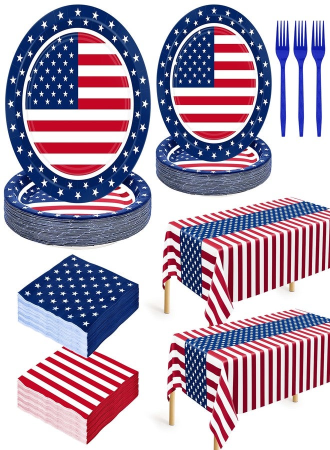 QZYL 122 PCS 4th of July Decorations, 30 Sets 250th Anniversary Patriotic Plates and Napkins, Disposable Fourth of July Paper Plate and Napkin Tablecloth Forks, USA Flags Memorial Day Party Supplies - Image 1
