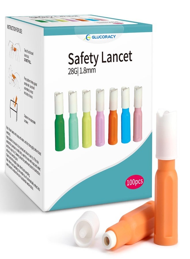 Glucoracy Safety Lancets, Sterile, Top Push Button Activated, 28 Gauge, 1.8 mm, 100 Count, 1 Pack - Image 1