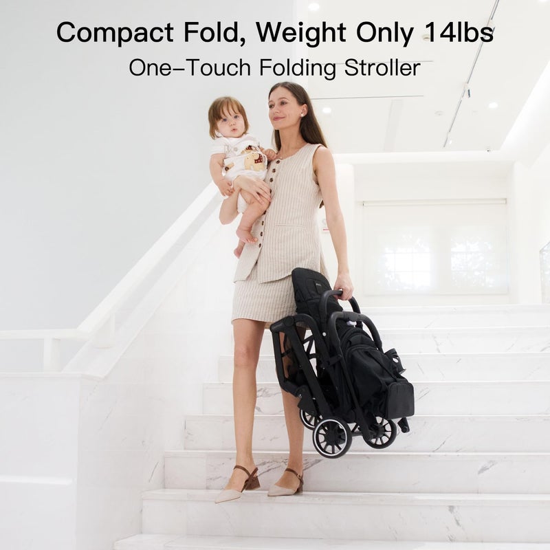 Gromast Compact Fold Baby Stroller, Lightweight Travel Toddler Stroller with One-Click Fold, Extendable UPF50+ Canopy, Cup Holder, UV Protected and Waterproof, One-Hand Folding - Black - Image 3