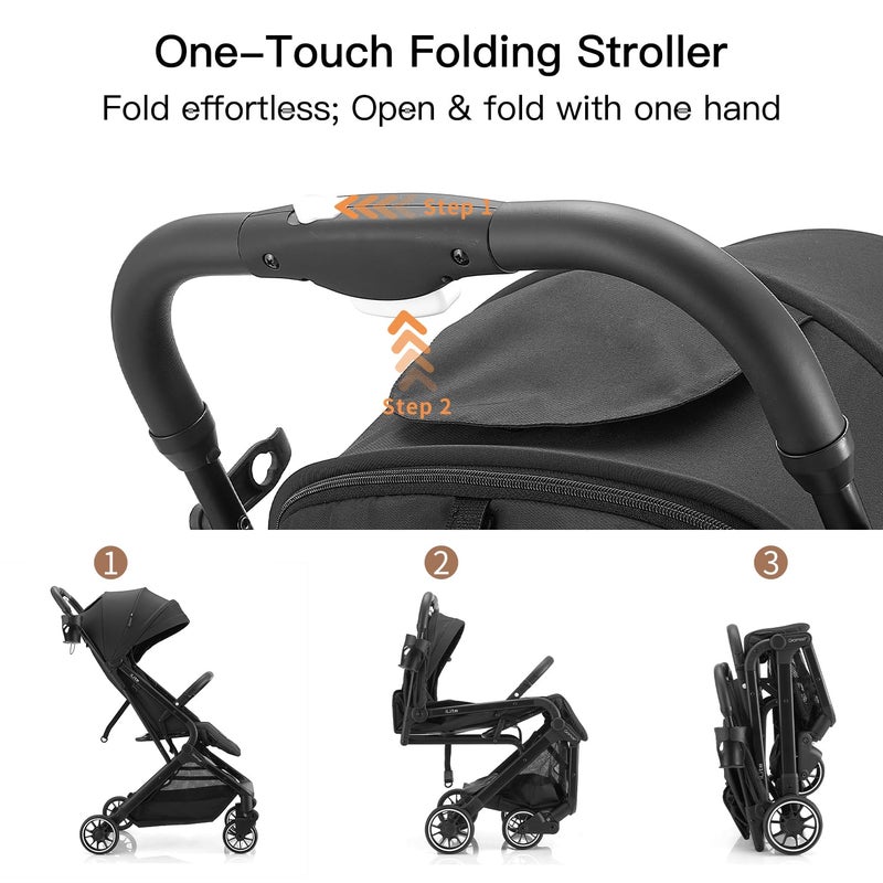Gromast Compact Fold Baby Stroller, Lightweight Travel Toddler Stroller with One-Click Fold, Extendable UPF50+ Canopy, Cup Holder, UV Protected and Waterproof, One-Hand Folding - Black - Image 2