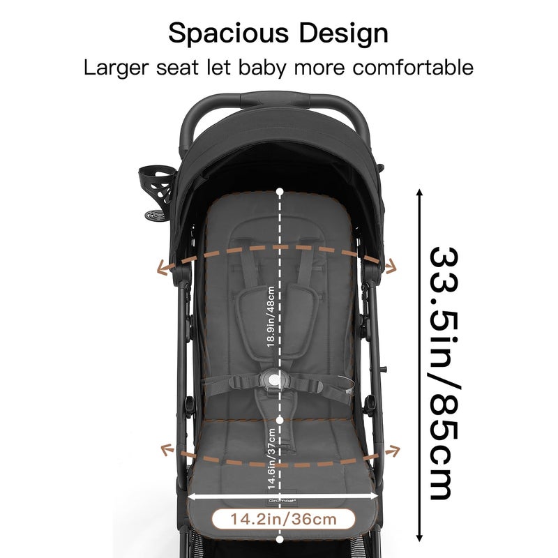 Gromast Compact Fold Baby Stroller, Lightweight Travel Toddler Stroller with One-Click Fold, Extendable UPF50+ Canopy, Cup Holder, UV Protected and Waterproof, One-Hand Folding - Black - Image 4
