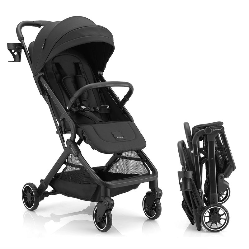 Gromast Compact Fold Baby Stroller, Lightweight Travel Toddler Stroller with One-Click Fold, Extendable UPF50+ Canopy, Cup Holder, UV Protected and Waterproof, One-Hand Folding - Black - Image 1