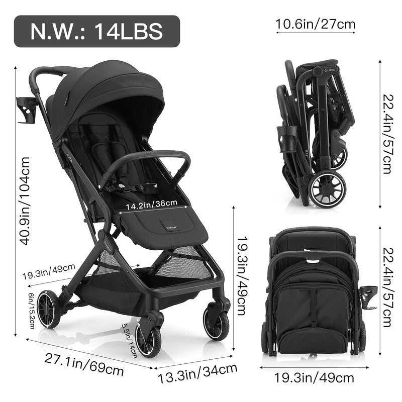Gromast Compact Fold Baby Stroller, Lightweight Travel Toddler Stroller with One-Click Fold, Extendable UPF50+ Canopy, Cup Holder, UV Protected and Waterproof, One-Hand Folding - Black - Image 5