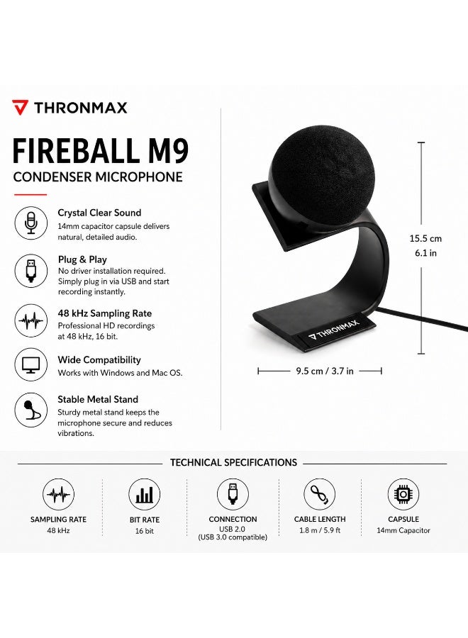 THRONMAX Fireball M9 USB Condenser Microphone – 48kHz Studio Quality HD Recording Microphone for Streaming, Podcasting, YouTube & Voice Recording - Image 3