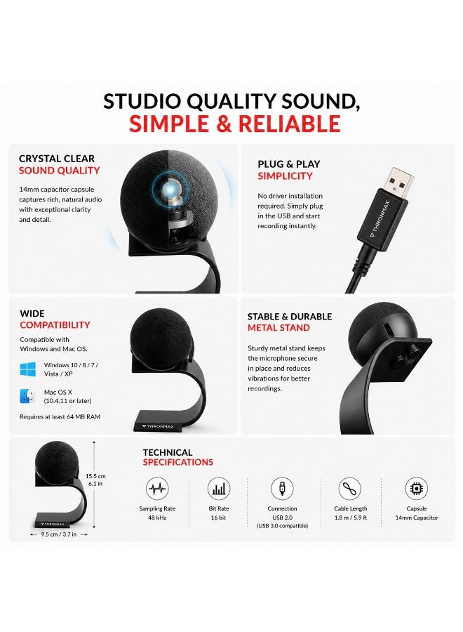 THRONMAX Fireball M9 USB Condenser Microphone – 48kHz Studio Quality HD Recording Microphone for Streaming, Podcasting, YouTube & Voice Recording - Image 2