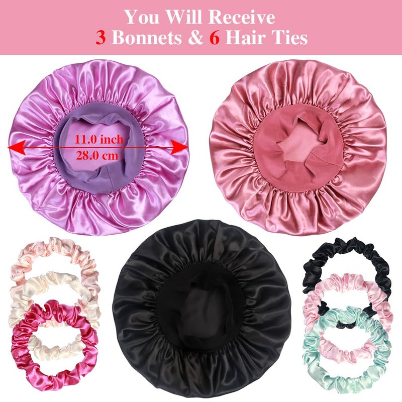 Heniho 3pcs Satin Bonnets for Kids Sleeping, Cute Hair Bonnet with Scrunchies for Girls Curly Hair, C - Image 2