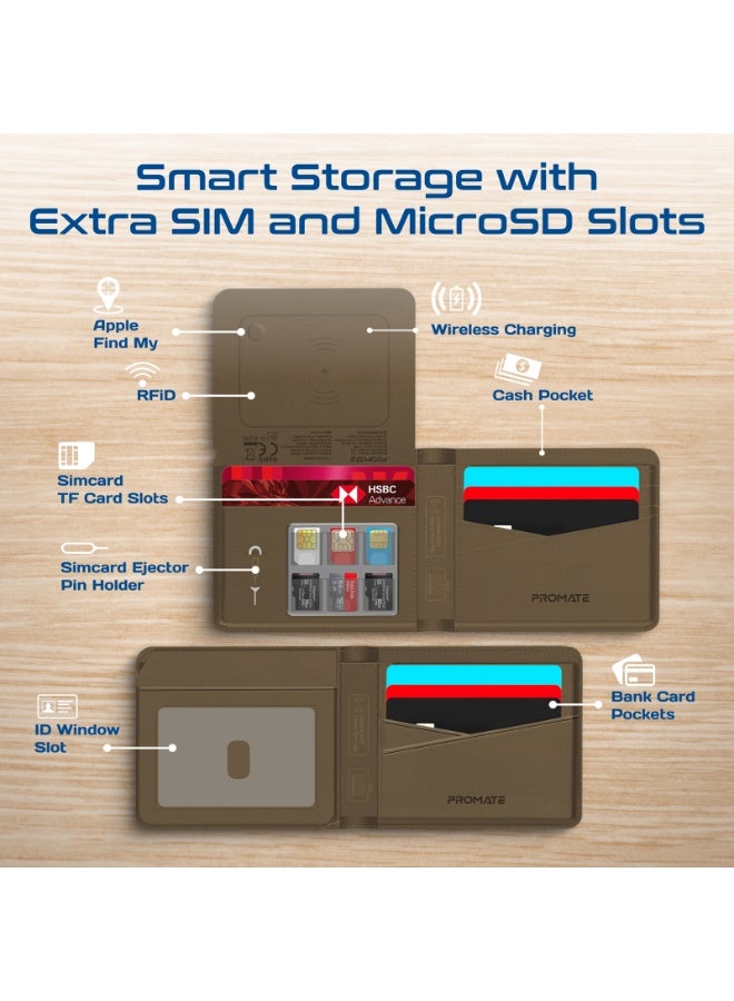 Promate Smart Leather Wallet with RFID Blocking, Apple Find My Tracker, Wireless Charging, Anti-Loss Bluetooth 5.2, SIM & MicroSD Slots, Slim Design, 6-Month Battery - Image 5