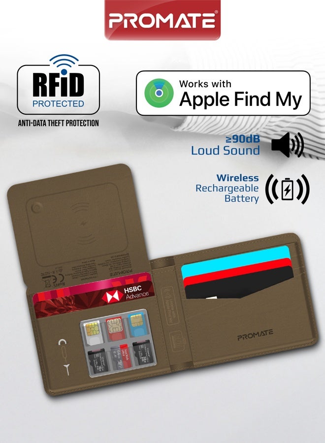 Promate Smart Leather Wallet with RFID Blocking, Apple Find My Tracker, Wireless Charging, Anti-Loss Bluetooth 5.2, SIM & MicroSD Slots, Slim Design, 6-Month Battery - Image 1