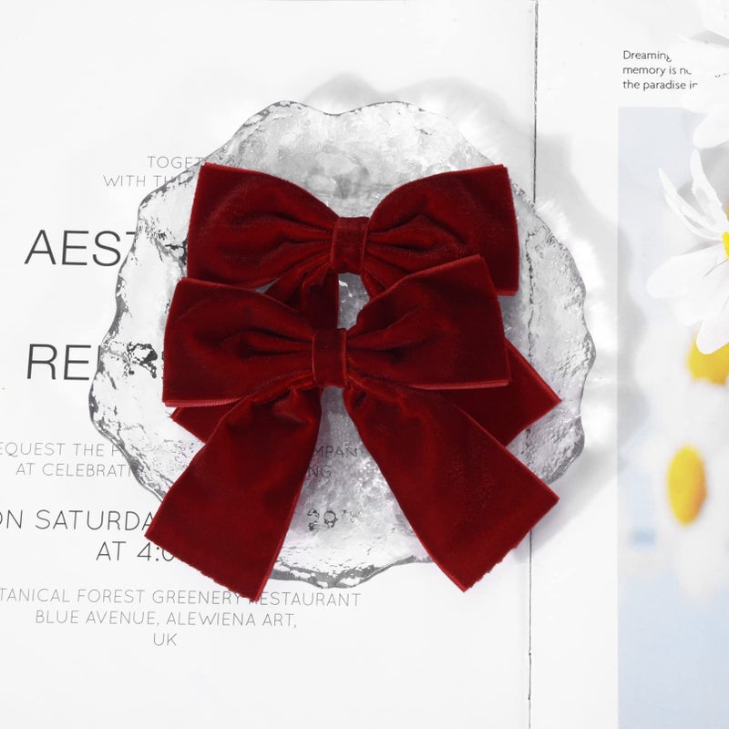 Aileam 2PCS Velvet Hair Bows Red Hair Ribbon Clips 4" Big Fall Alligator Clips Hair Accessories for Women Girls Toddlers Kids Baby - Image 4