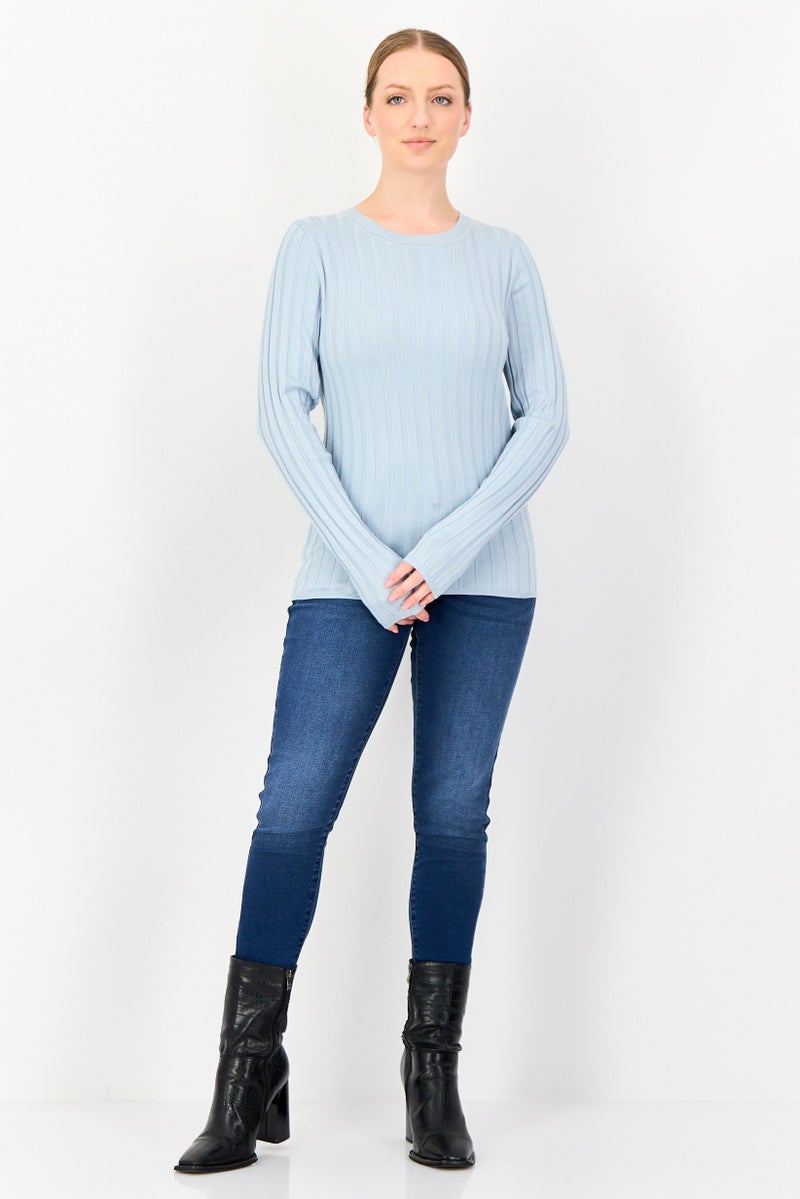 ESPRIT Women Crew Neck Long Sleeve Ribbed Sweatshirt, Light Blue - Image 4