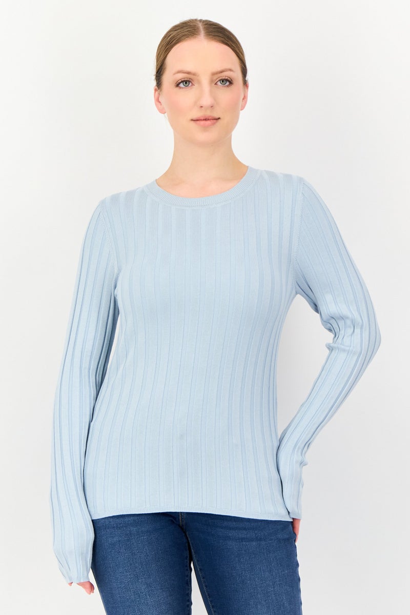 ESPRIT Women Crew Neck Long Sleeve Ribbed Sweatshirt, Light Blue - Image 1