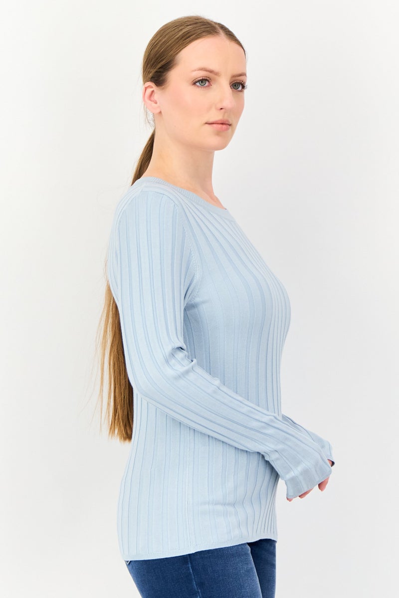 ESPRIT Women Crew Neck Long Sleeve Ribbed Sweatshirt, Light Blue - Image 3