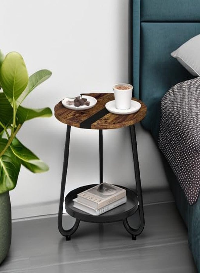 MOFAIN 2 Tier Coffee Table in Living Room, Industrial Style Round Coffee Table with Metal Tray, Wood Small Outdoor Coffee Table for Bedroom Balcony Patio, Rustic Brown - Image 5