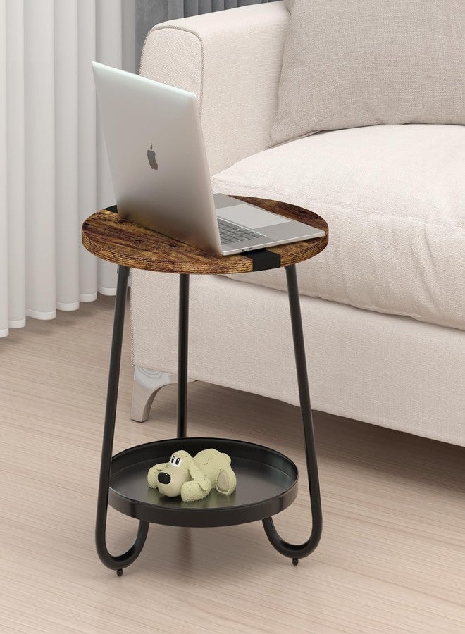 MOFAIN 2 Tier Coffee Table in Living Room, Industrial Style Round Coffee Table with Metal Tray, Wood Small Outdoor Coffee Table for Bedroom Balcony Patio, Rustic Brown - Image 2