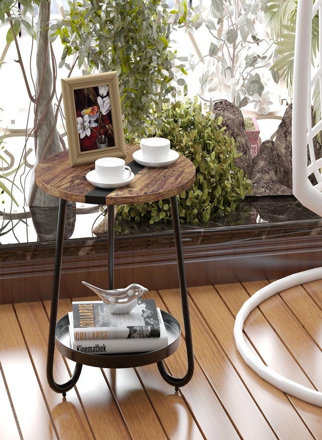 MOFAIN 2 Tier Coffee Table in Living Room, Industrial Style Round Coffee Table with Metal Tray, Wood Small Outdoor Coffee Table for Bedroom Balcony Patio, Rustic Brown - Image 4