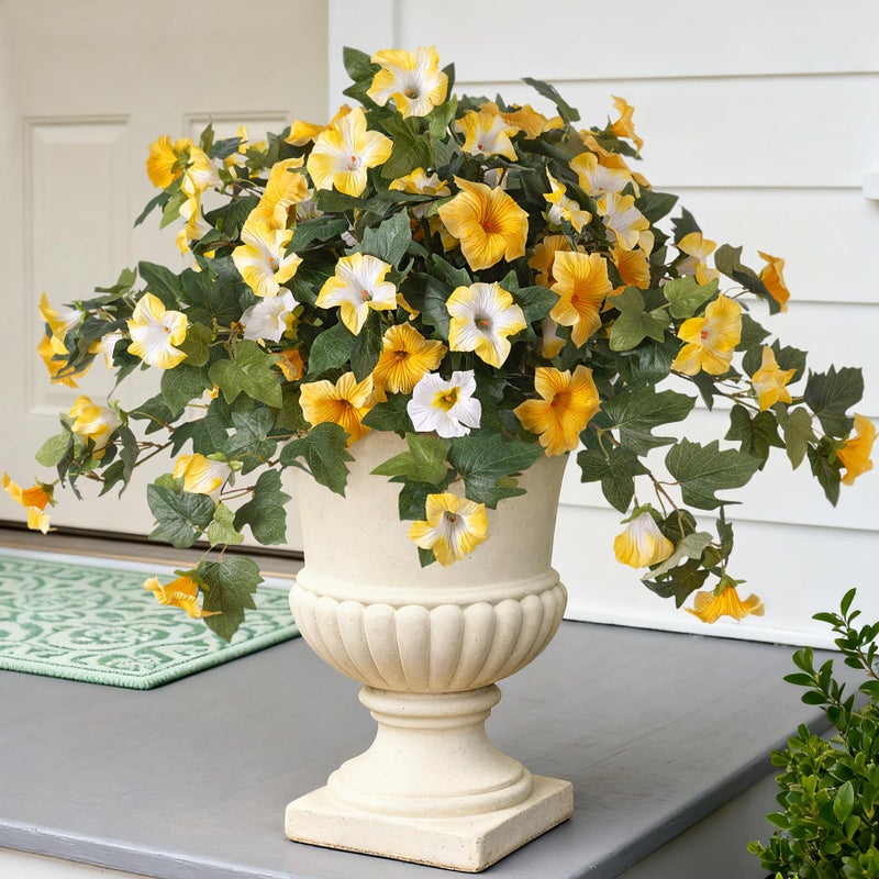 Ammyoo Artificial Fake Petunia Flowers for Outdoor Decoration, 2PCS Faux Silk Petunias Flower for Spring UV Resistant No Fade Realistic Plants for Garden Balcony Yard Porch Indoor Decor(Yellow White) - Image 1