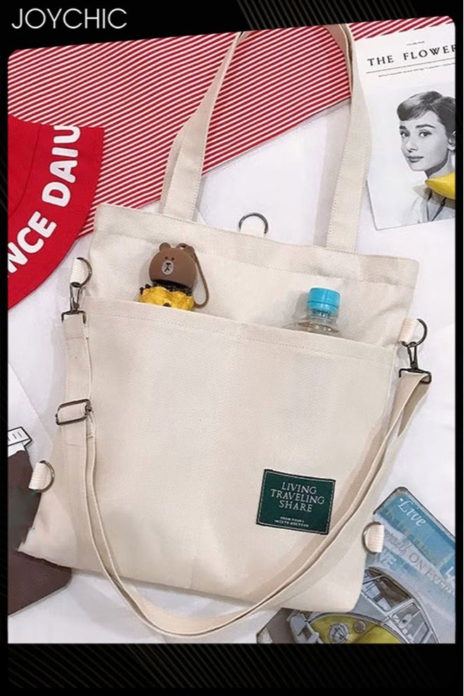 Joychic Casual Canvas Shoulder Bag Multifunction Large Capacity College Students Backpack Foldable Lightweight Tote Bag Beige - Image 1