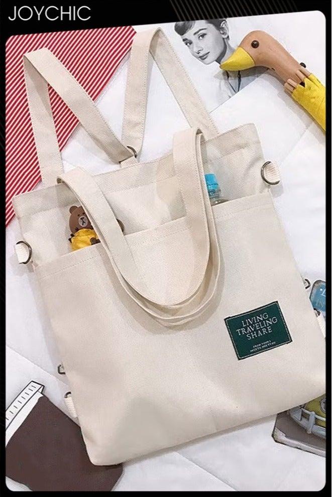 Joychic Casual Canvas Shoulder Bag Multifunction Large Capacity College Students Backpack Foldable Lightweight Tote Bag Beige - Image 2