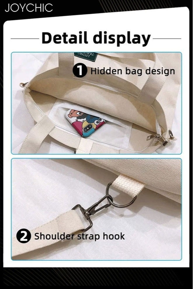 Joychic Casual Canvas Shoulder Bag Multifunction Large Capacity College Students Backpack Foldable Lightweight Tote Bag Beige - Image 4