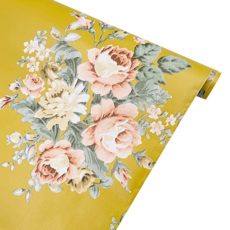 Yifasy 295 feet Roll Yellow Peony Shelf Liner SelfAdhesive Wallpaper Floral Drawer Lining Paper Wall Furniture Protect Film L3543x177 Inch