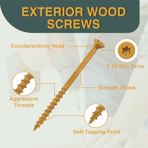 T.K.Excellent Deck Screws 2 Inch Wood Screws #8 x 2, 630 Pcs, Rust Resistant Structural Screws Tan Exterior Fence Screws Torx Drive Screws, Two T20 Bits, Brilliant Yellow Ruspert Coating Rust Proof - Image 2