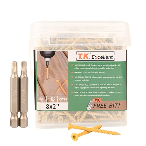 T.K.Excellent Deck Screws 2 Inch Wood Screws #8 x 2, 630 Pcs, Rust Resistant Structural Screws Tan Exterior Fence Screws Torx Drive Screws, Two T20 Bits, Brilliant Yellow Ruspert Coating Rust Proof - Image 1