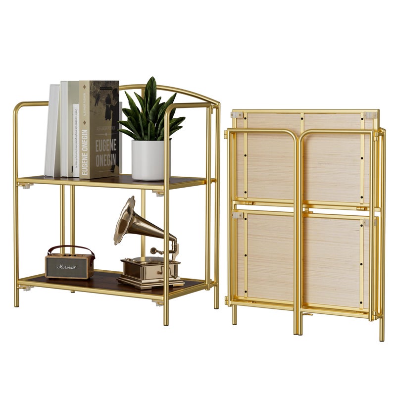 Crofy No Assembly Folding Bookshelf for Living Room, 2 Tier Gold Collapsible Book Shelf for Home Office, Portable Bookcase Storage Organizer - Image 1