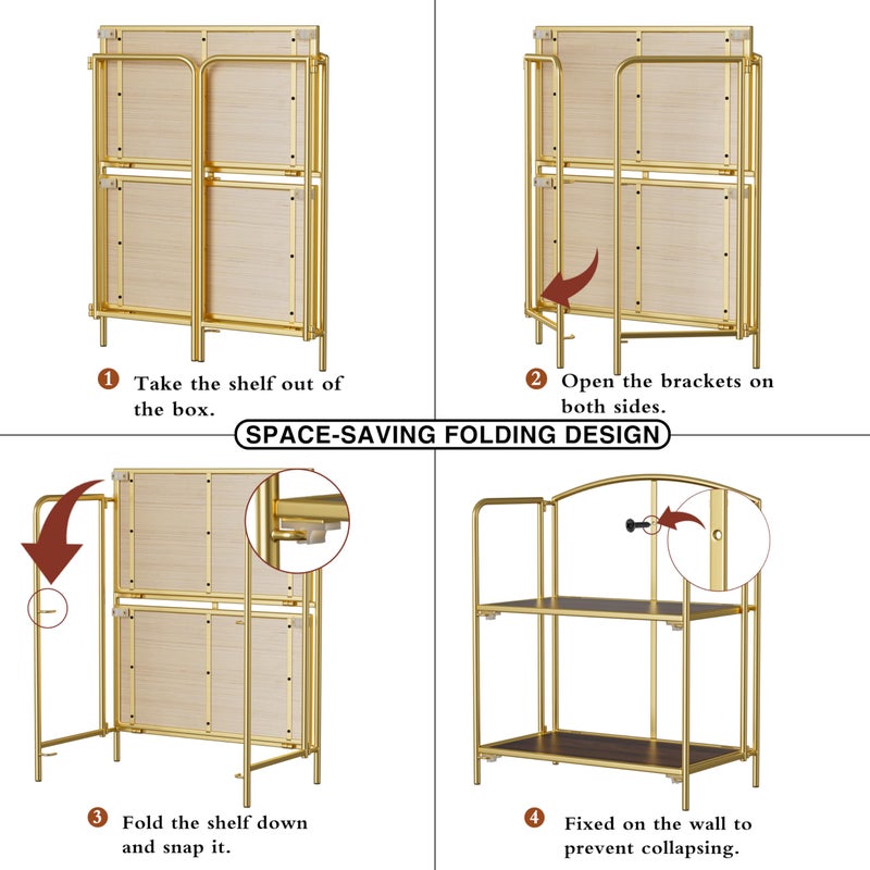 Crofy No Assembly Folding Bookshelf for Living Room, 2 Tier Gold Collapsible Book Shelf for Home Office, Portable Bookcase Storage Organizer - Image 4