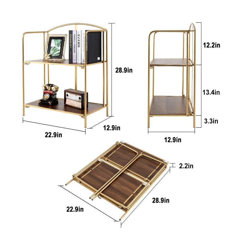 Crofy No Assembly Folding Bookshelf for Living Room, 2 Tier Gold Collapsible Book Shelf for Home Office, Portable Bookcase Storage Organizer - Image 3