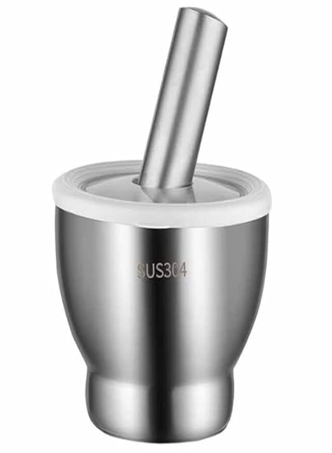 Mortar and Pestle Set 304 Stainless Steel with Silicone Lid Manual Garlic Crusher Spice Grinder Kitchen Tool