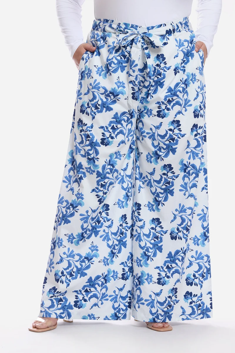Virgio Floral Cotton Bow Tie Up Wide Leg Plus Size Pants for Women