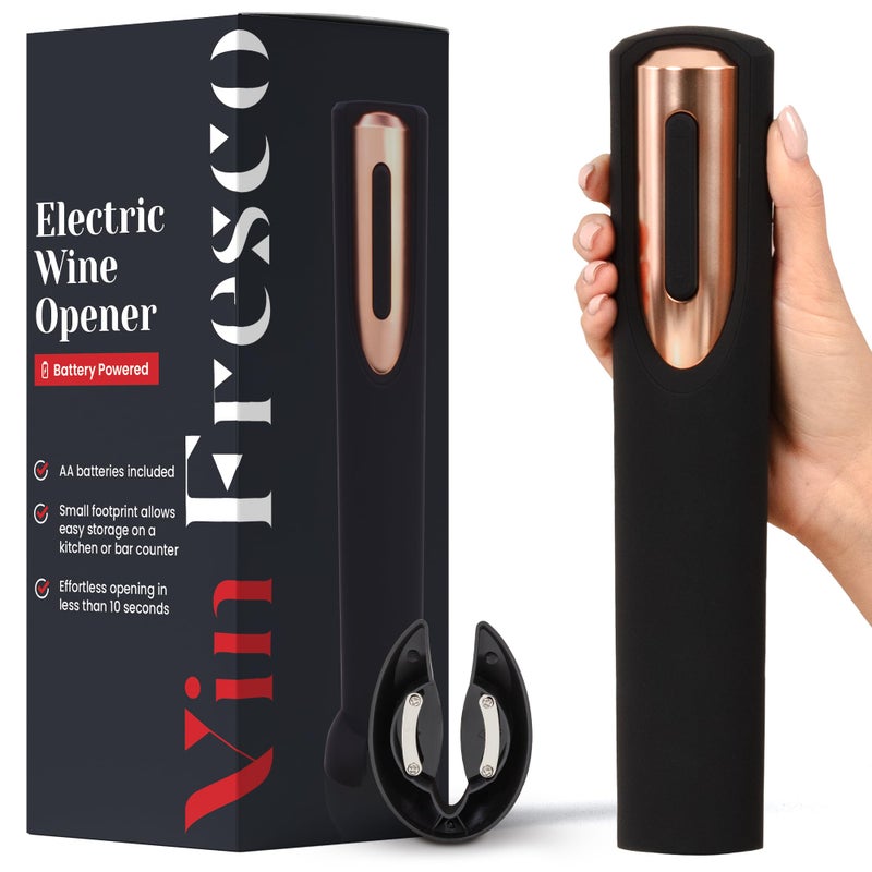 VIN FRESCO Electric Wine Opener Battery Operated with Stand and Builtin Foil Cutter  Automatic Wine Opener  Electric Corkscrew for Easy Cork Removal  Best Gift for Wine Lover Black  Rose Gold