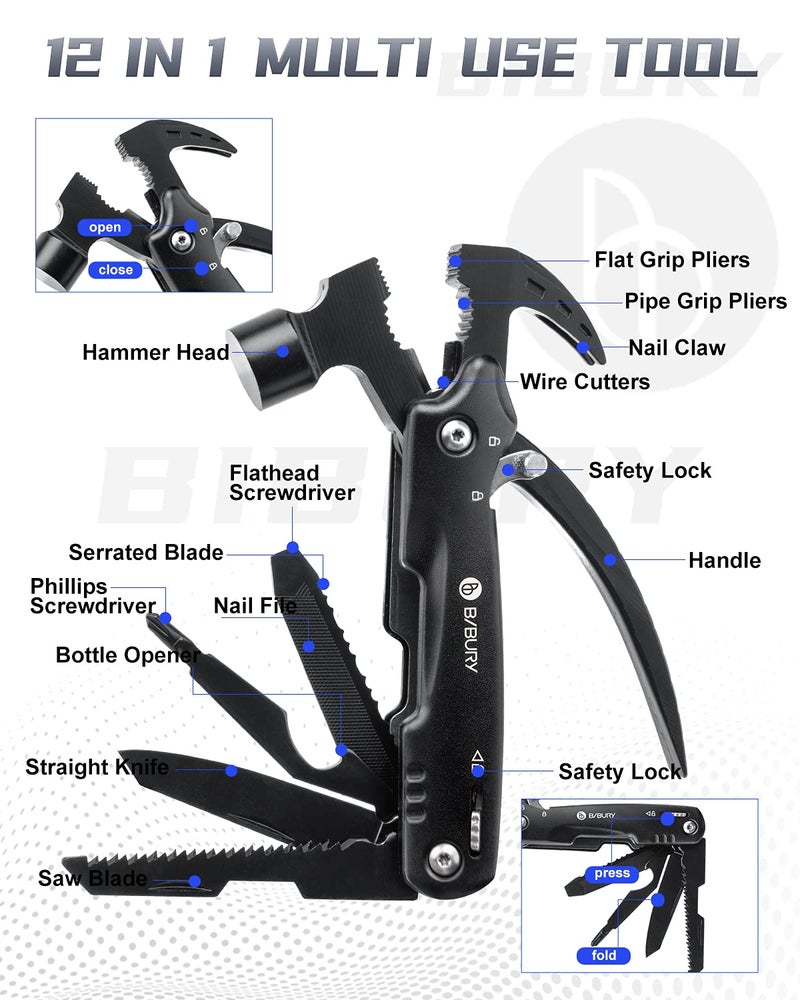 Bibury 12 In 1Multitool Hammer With Snowflake Tool  Survival Gear Outdoor Multi Tool With Safety Lock  Hammer Multitool For Outdoor  Camping  Hiking Husband  Boyfriend - Image 2