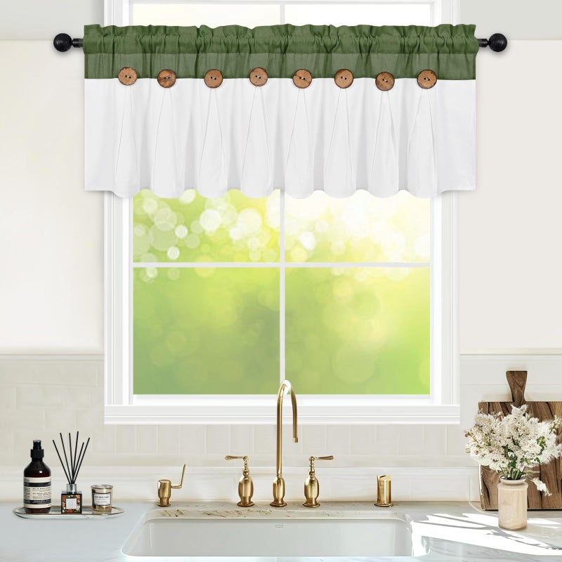 FRAMICS Farmhouse Valance Curtains, Boho Cotton Linen Kitchen Valance, Rustic Button Window Valances for Kitchen Bathroom, Rod Pocket Valances for Windows, Olive Green and White, 52 x 18 Inch - Image 1