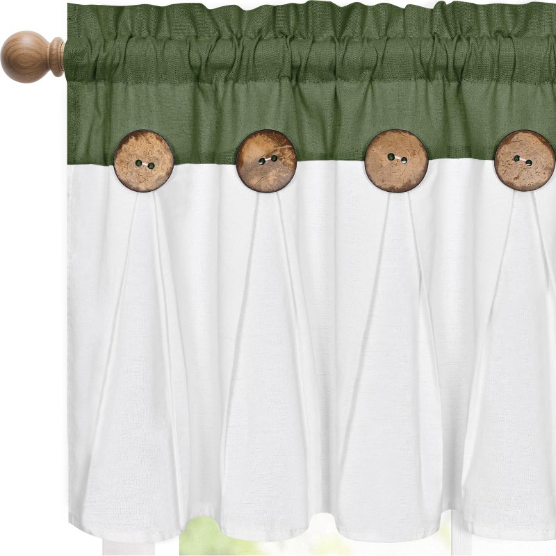 FRAMICS Farmhouse Valance Curtains, Boho Cotton Linen Kitchen Valance, Rustic Button Window Valances for Kitchen Bathroom, Rod Pocket Valances for Windows, Olive Green and White, 52 x 18 Inch - Image 2