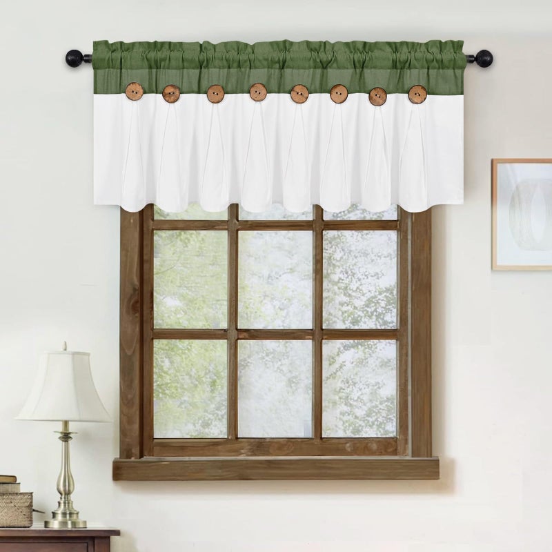FRAMICS Farmhouse Valance Curtains, Boho Cotton Linen Kitchen Valance, Rustic Button Window Valances for Kitchen Bathroom, Rod Pocket Valances for Windows, Olive Green and White, 52 x 18 Inch - Image 3