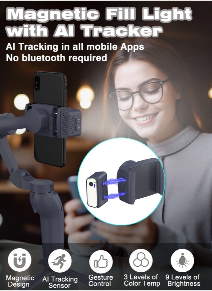 اكس كوبس مثبت Gimbal للهواتف الذكية، مثبت Gimbal ثلاثي المحاور من XQOOPS مع تتبع مغناطيسي نشط بالذكاء الاصطناعي وإضاءة تعبئة، مثبت هاتف قابل للطي لتسجيل الفيديو لأجهزة iPhone وAndroid  - Image 2