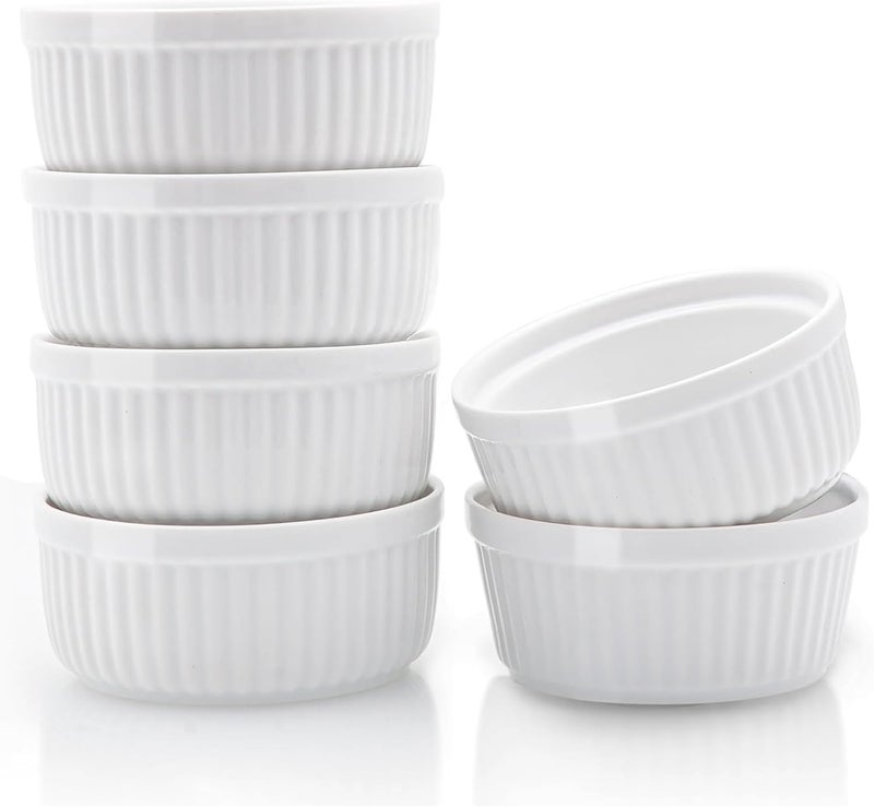 Ceramic Ramekins 8 oz, Set of 6, Elegant Classic Style for Baking Souffles, Creme Brulées, Custards, Puddings, 4.3” Wide & 2” Tall, Microwave, Oven & Dishwasher-Safe, Ivory White (6)