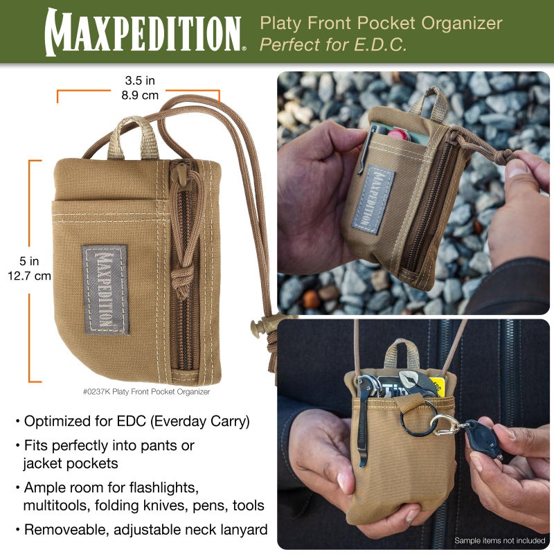 MAXPEDITION Platy Front Pocket Organizer, Durable EDC Tool Pouch for Men, Neck Wallet with Paracord Lanyard, Holds Flashlight, Multitool, Pen, Notebook (Khaki, 3.5" x 5") - Image 2