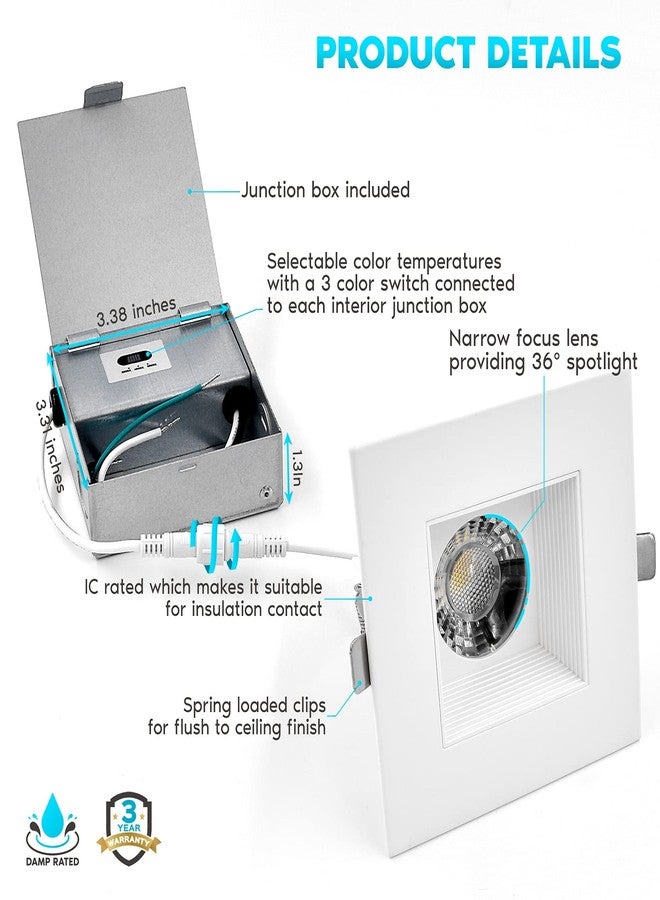 LUXRITE 4 Inch Square LED Recessed Lighting with Junction Box, 15W, 1200 Lumens, 3 Color Options 3000K - 5000K, Regressed LED Downlight, 36° Narrow Spotlight, Dimmable, CRI 90, IC Rated, Damp Rated - Image 3