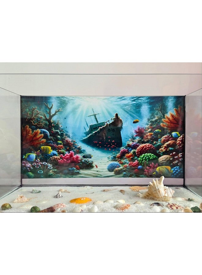 Generic Undersea Shipwreck Aquarium Background Underwater World Coral Fish Tank Background 30x18 Inches PVC Glass Container Decoration with Tapes  - Image 4