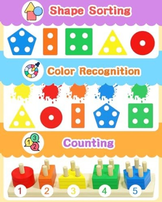 Tonberless Montessori Toys for 1-3 Year Olds, Educational Wooden Puzzles & Stacking Blocks - Image 5
