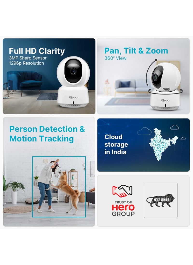 Qubo - Qubo Smart 360 2K 3MP 1296p WiFi CCTV Security Camera from Hero Group Mobile App Two Way Talk Night Vision Cloud SD Card Recording Made in India Alexa OK Google 3MP - Image 1