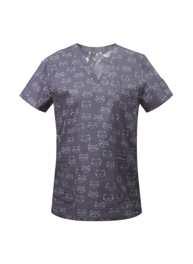 Loquat Womens Medical Scrubs Single Top Medical Uniform Single Printed Top Cat Print on Grayish Blue Background - Image 1