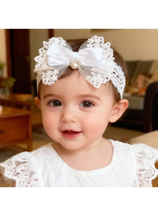 Baby Girls Headband White Bow Lace Headbands Soft Elastic Bowknot Hairbands Cute Hair Accessory for Newborn Kids Infant Toddler Baptism Birthday Party (Lace Pearl) - Image 5
