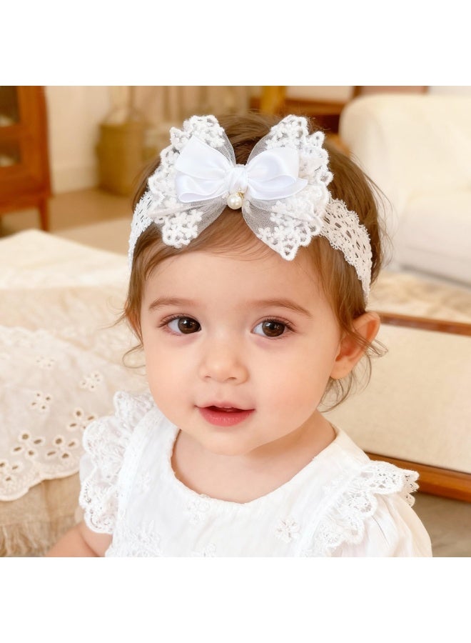 Baby Girls Headband White Bow Lace Headbands Soft Elastic Bowknot Hairbands Cute Hair Accessory for Newborn Kids Infant Toddler Baptism Birthday Party (Lace Pearl) - Image 2