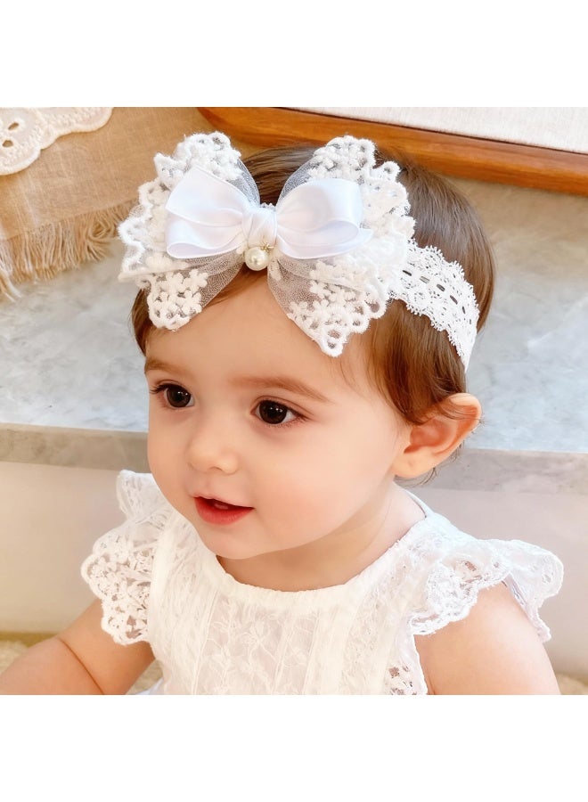 Baby Girls Headband White Bow Lace Headbands Soft Elastic Bowknot Hairbands Cute Hair Accessory for Newborn Kids Infant Toddler Baptism Birthday Party (Lace Pearl) - Image 4