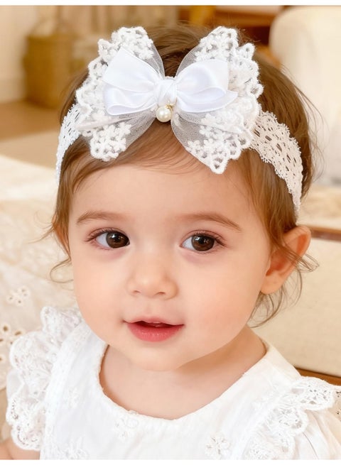 Baby Girls Headband White Bow Lace Headbands Soft Elastic Bowknot Hairbands Cute Hair Accessory for (Lace Pearl)